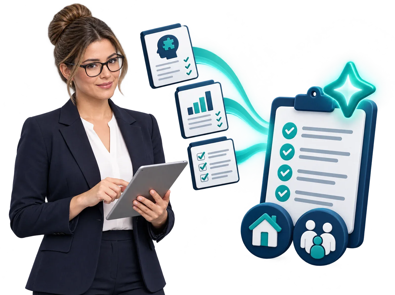 A behavior analyst with a tablet next to source documents that become one reviewed assessment